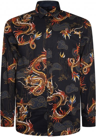 Kam Jeans 6057 LS Dragon Print Shirt Black - Overhemden - Overhemden Grote Maten Heren