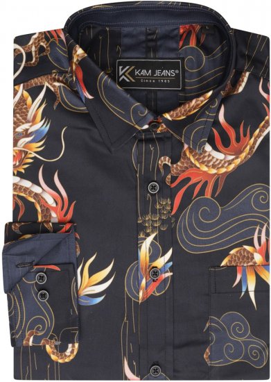 Kam Jeans 6057 LS Dragon Print Shirt Black - Overhemden - Overhemden Grote Maten Heren