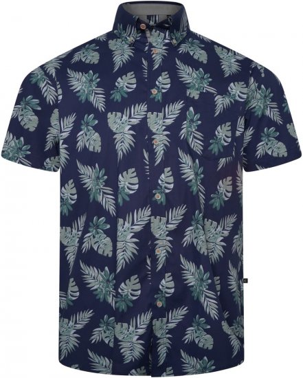 Kam Jeans 6331 AOP Leaf Print Short Sleeve Shirt Navy - Overhemden - Overhemden Grote Maten Heren