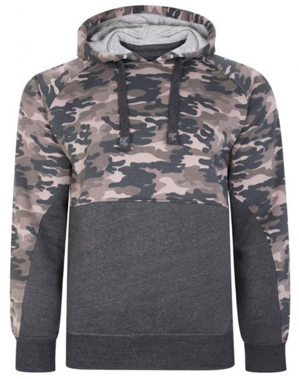 Kam Jeans 7036B Camo Pannelled Over The Head Hoody Charcoal - Sweaters & hoodies - Sweaters & Hoodies Grote Maten Heren