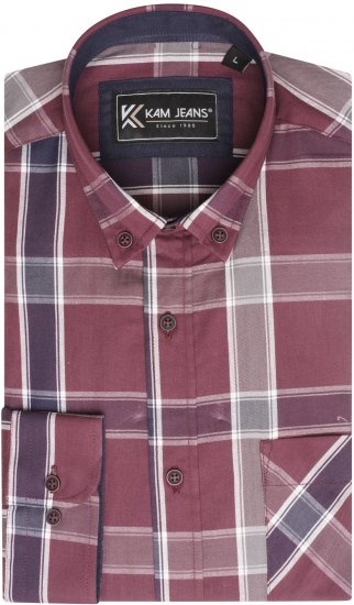 Kam Jeans P038 LS Premium Cotton Check Shirt Wine - Overhemden - Overhemden Grote Maten Heren