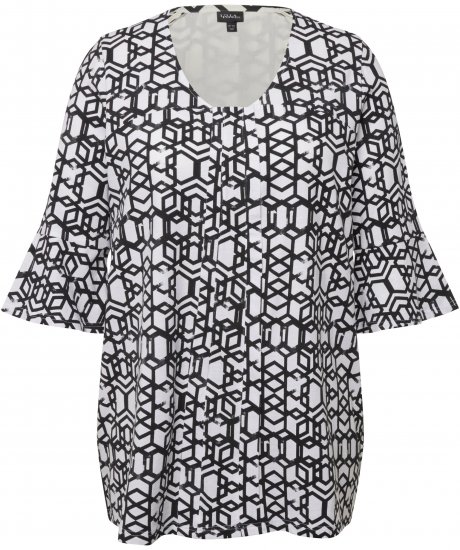 Ulla Popken Geometric Print Trumpet Sleeve Tee Black - Bedrukte T-shirts voor dames - 