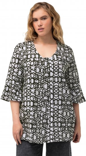 Ulla Popken Geometric Print Trumpet Sleeve Tee Black - Bedrukte T-shirts voor dames - 