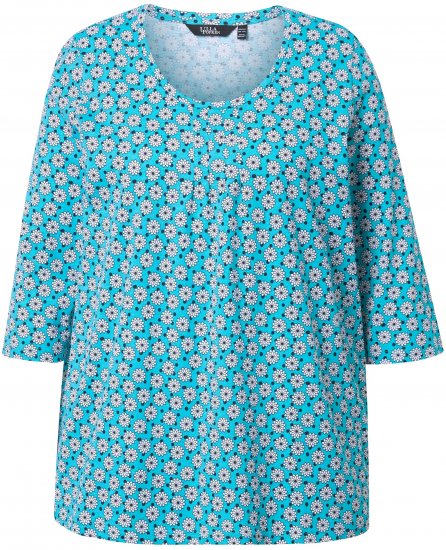 Ulla Popken Flower Print 3/4 Sleeve A-Line Tee Deep Aqua - Bedrukte T-shirts voor dames - 