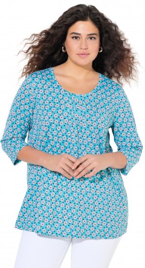 Ulla Popken Flower Print 3/4 Sleeve A-Line Tee Deep Aqua - Bedrukte T-shirts voor dames - 