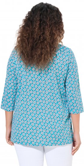 Ulla Popken Flower Print 3/4 Sleeve A-Line Tee Deep Aqua - Bedrukte T-shirts voor dames - 