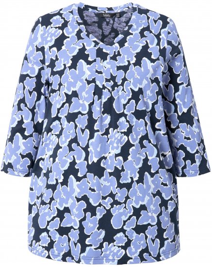 Ulla Popken Floral Print 3/4 Sleeve V-Neck Tee Navy Blue - Bedrukte T-shirts voor dames - 