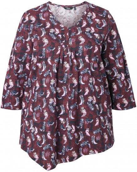 Ulla Popken Asymmetric Cowboy Boot Print Tee Dark Ruby - Bedrukte T-shirts voor dames - 