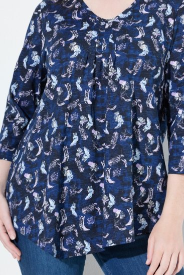 Ulla Popken Asymmetric Cowboy Boot Print Tee Dark Blue - Bedrukte T-shirts voor dames - Bedrukte T-shirts voor Dames