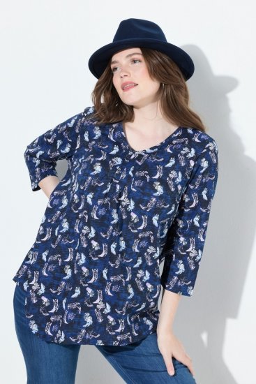 Ulla Popken Asymmetric Cowboy Boot Print Tee Dark Blue - Bedrukte T-shirts voor dames - Bedrukte T-shirts voor Dames