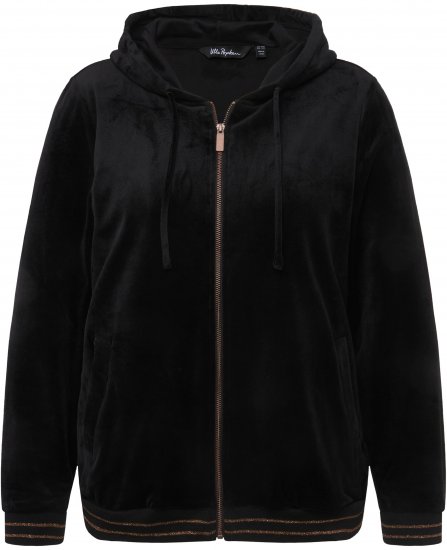 Ulla Popken Tulip Line Print Velour Zip Hoodie Black - Sweaters & hoodies - 