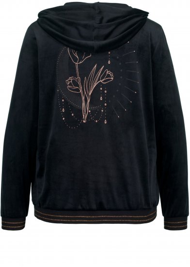 Ulla Popken Tulip Line Print Velour Zip Hoodie Black - Sweaters & hoodies - 