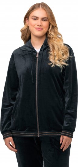 Ulla Popken Tulip Line Print Velour Zip Hoodie Black - Sweaters & hoodies - 