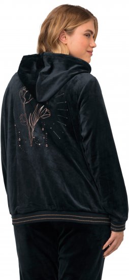 Ulla Popken Tulip Line Print Velour Zip Hoodie Black - Sweaters & hoodies - 