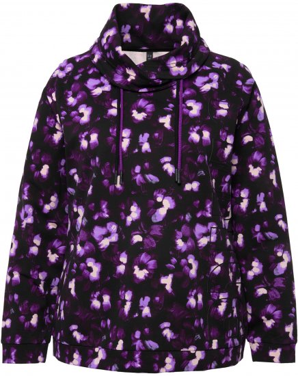Ulla Popken Floral Print Drawstring Collar Hoodie Black - Sweaters & hoodies - 