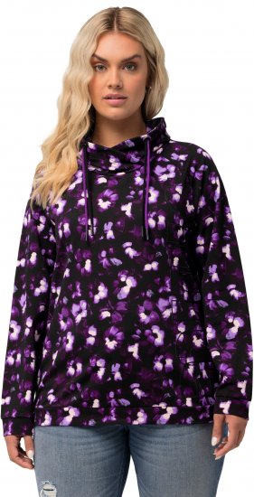 Ulla Popken Floral Print Drawstring Collar Hoodie Black - Sweaters & hoodies - 