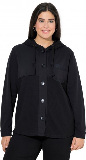 Ulla Popken Mixed Texture Button Down Hoodie Black - Sweaters & hoodies - 