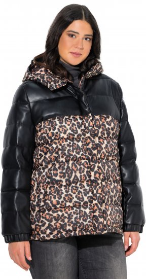 Ulla Popken HYPRAR Leopard And Leather Look Quilted Jacket Black - Jassen - 
