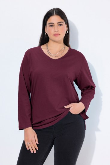 Ulla Popken Back To Basics V-Neck Relaxed Fit Cotton Tee Dark Berry - T-shirts - T-shirts voor dames