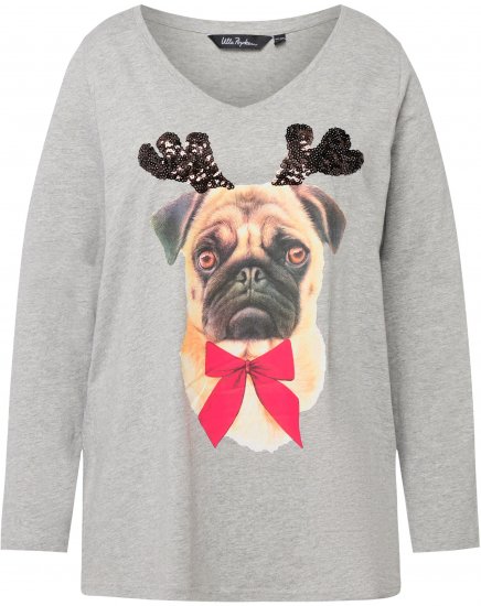 Ulla Popken Holiday Pup Sequin Accent A-line Fit Tee Light Grey Melange - Bedrukte T-shirts voor dames - 
