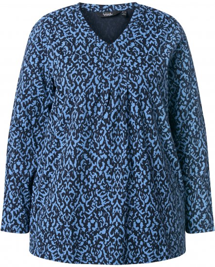 Ulla Popken Geometric Print 3/4 Sleeve Pleated Tee Navy Blue - Bedrukte T-shirts voor dames - 