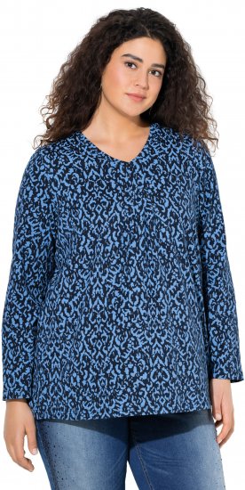 Ulla Popken Geometric Print 3/4 Sleeve Pleated Tee Navy Blue - Bedrukte T-shirts voor dames - 
