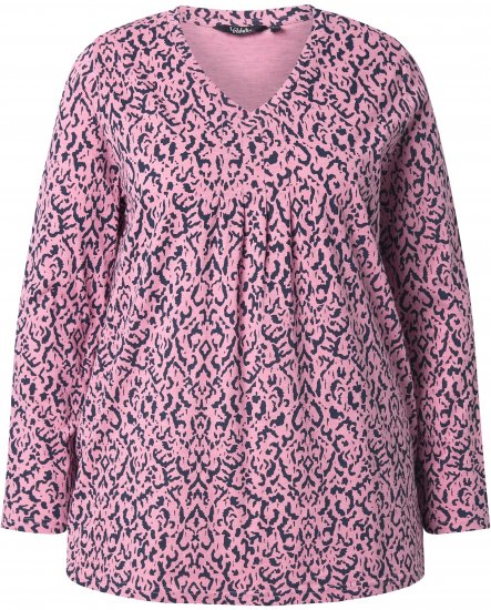 Ulla Popken Geometric Print 3/4 Sleeve Pleated Tee Raspberry - Bedrukte T-shirts voor dames - 
