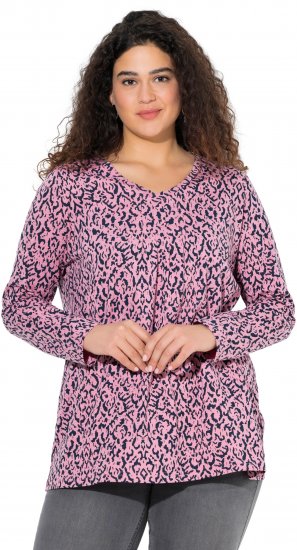 Ulla Popken Geometric Print 3/4 Sleeve Pleated Tee Raspberry - Bedrukte T-shirts voor dames - 