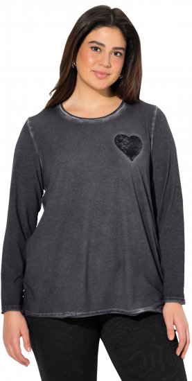 Ulla Popken Cold Dyed Sequined Heart Long Sleeve Tee Asphalt - Bedrukte T-shirts voor dames - 