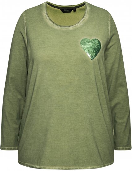 Ulla Popken Cold Dyed Sequined Heart Long Sleeve Tee Sage Green - Bedrukte T-shirts voor dames - 