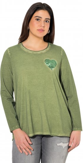 Ulla Popken Cold Dyed Sequined Heart Long Sleeve Tee Sage Green - Bedrukte T-shirts voor dames - 