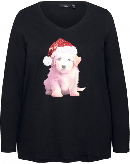 Ulla Popken Puppy Graphic Christmas Long Sleeve T-Shirt Black - T-shirts - 