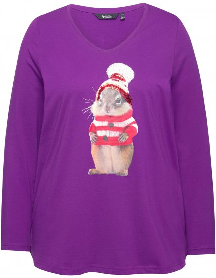 Ulla Popken Christmas Squirrel Long Sleeve Graphic Tee Dark Purple - Bedrukte T-shirts voor dames - 