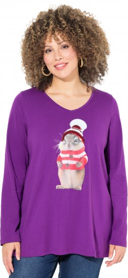 Ulla Popken Christmas Squirrel Long Sleeve Graphic Tee Dark Purple - Bedrukte T-shirts voor dames - 