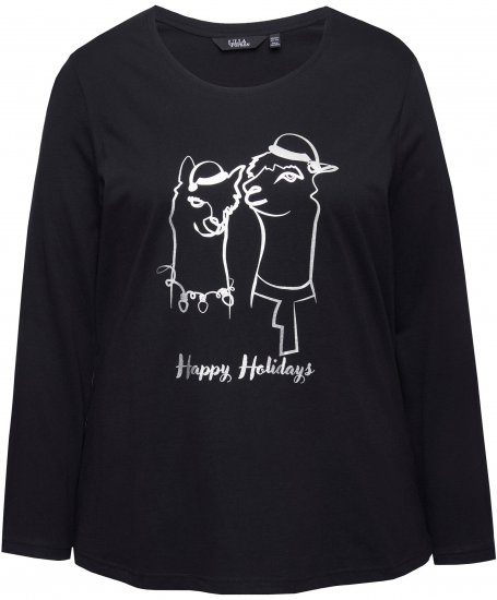 Ulla Popken Metallic Graphic Holiday Tee Black - Bedrukte T-shirts voor dames - 