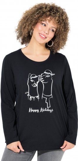 Ulla Popken Metallic Graphic Holiday Tee Black - Bedrukte T-shirts voor dames - 