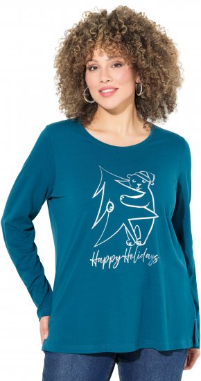 Ulla Popken Metallic Graphic Holiday Tee Teal - Bedrukte T-shirts voor dames - 