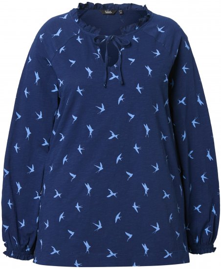 Ulla Popken Swallow Print Long Sleeve Tee Ink Blue - Bedrukte T-shirts voor dames - 