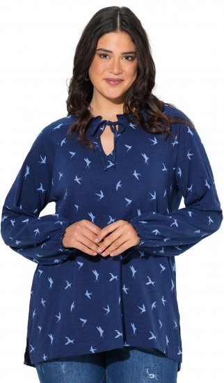 Ulla Popken Swallow Print Long Sleeve Tee Ink Blue - Bedrukte T-shirts voor dames - 