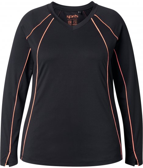 Ulla Popken UPF 50+ Contrast Piping Long Sleeve Tee Black - Bedrukte T-shirts voor dames - 