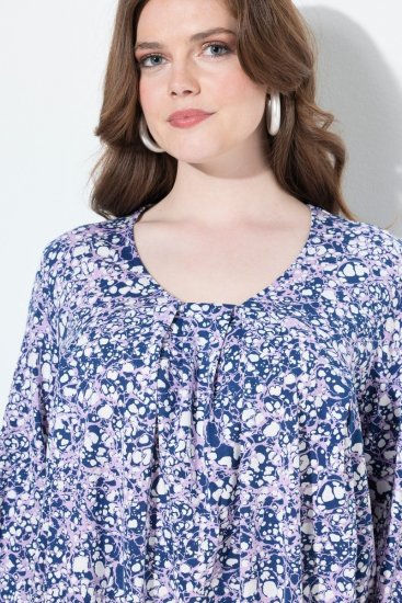 Ulla Popken Allover Printed Pleated Long Sleeve Tee Dark Blue - Bedrukte T-shirts voor dames - Bedrukte T-shirts voor Dames