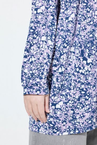 Ulla Popken Allover Printed Pleated Long Sleeve Tee Dark Blue - Bedrukte T-shirts voor dames - Bedrukte T-shirts voor Dames