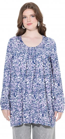 Ulla Popken Allover Printed Pleated Long Sleeve Tee Dark Blue - Bedrukte T-shirts voor dames - 