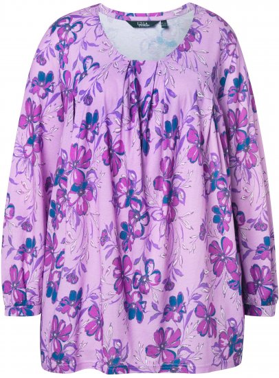 Ulla Popken Allover Printed Pleated Long Sleeve Tee Lavender - Bedrukte T-shirts voor dames - 