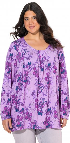 Ulla Popken Allover Printed Pleated Long Sleeve Tee Lavender - Bedrukte T-shirts voor dames - 