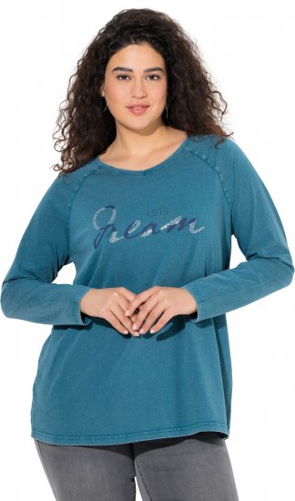 Ulla Popken Dream Rhinestone Lettering Long Sleeve Tee Teal - Bedrukte T-shirts voor dames - 