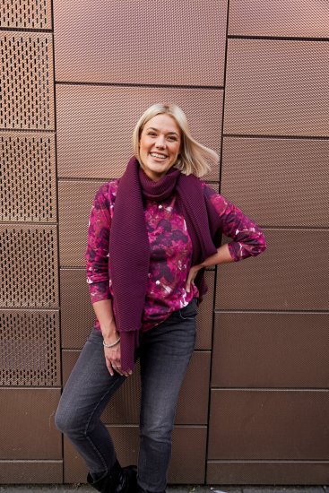 Ulla Popken Abstract Print Long Sleeve Tee Dark Ruby - Bedrukte T-shirts voor dames - 