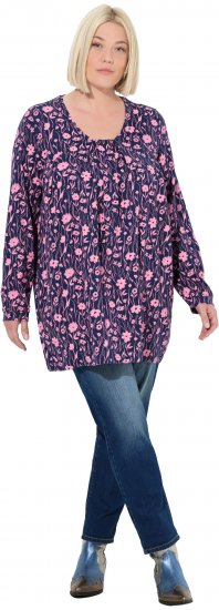Ulla Popken Pleated Long Sleeve Floral Knit Tunic Ink Blue - Bedrukte T-shirts voor dames - 