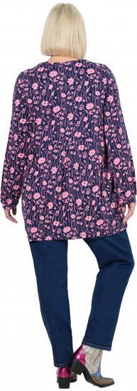 Ulla Popken Pleated Long Sleeve Floral Knit Tunic Ink Blue - Bedrukte T-shirts voor dames - 
