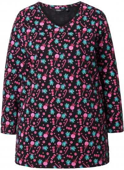 Ulla Popken Peppermint Tree V-Neck Holiday Cotton Long Sleeve Knit Tunic Black - Bedrukte T-shirts voor dames - 